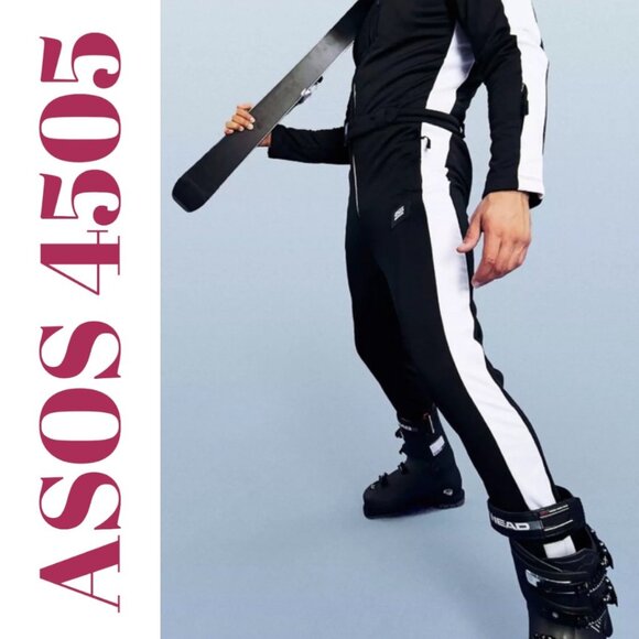 NWT ASOS 4505 MEN’S BLACK SKI SUIT BELTED HOOD WHITE RACING STRIPE MONOCHROME, S - Picture 1 of 16